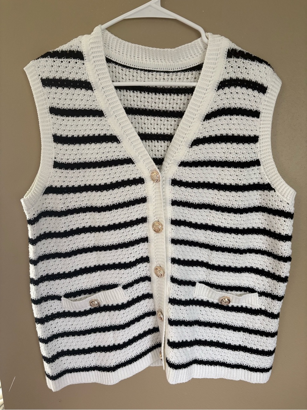 Women's Black & White Striped V-Neck Button Sweater Vest